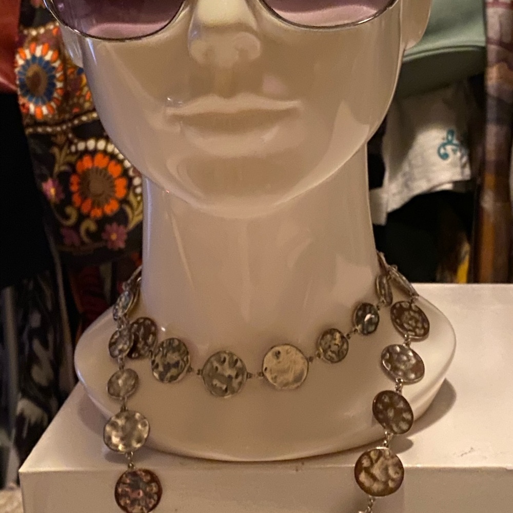 Silver stamped circle long necklace